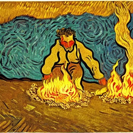 Image similar to painting of a man in hell making smores, by van gogh.