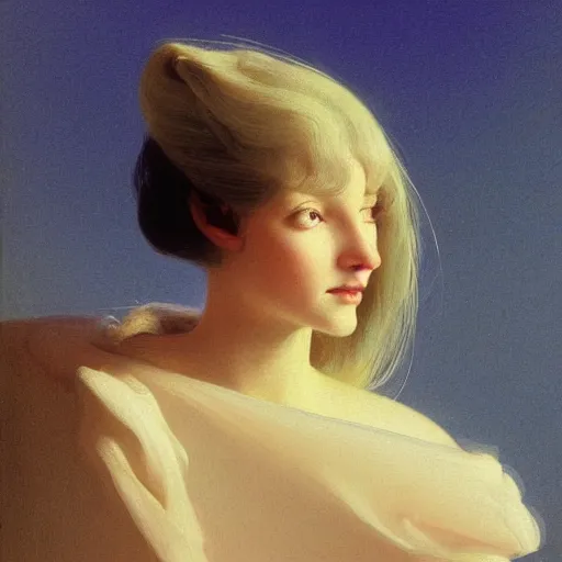 Image similar to young woman's face, her hair is white and she wears a cobalt blue duchesse satin cloak, by syd mead and moebius and roger dean and gaston bussiere and ivan aivazovsky and willem claesz and pieter claesz and paul delaroche and alma tadema and aelbert cuyp, hyperrealistic, volumetric light, octane