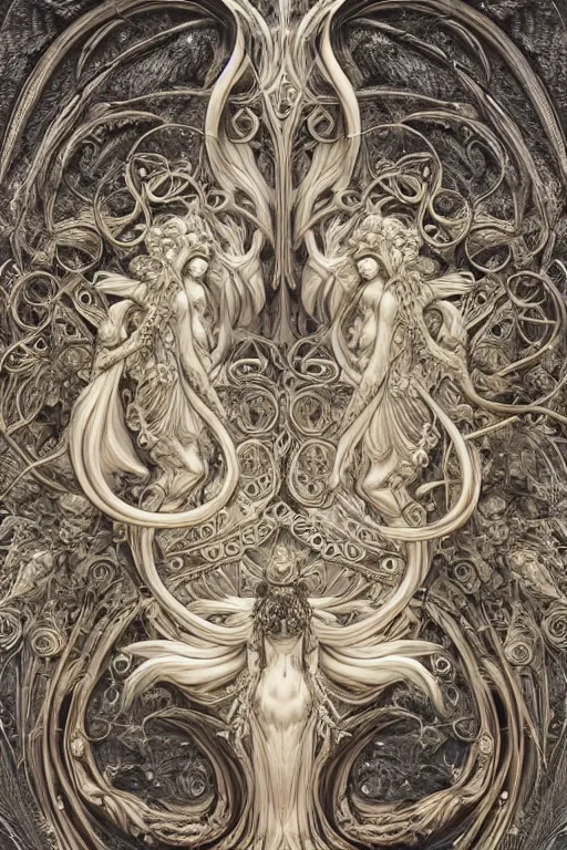 Prompt: beautiful render of catholic rococo roses veiled crow sculpture with symmetry, intricate detail, by Edward Burne-Jones and aaron horkey and NekroXIII and Billelis and peter gric, artstation, ZBrush, maximalist, glittering, gold, silver, ivory, hyperreal