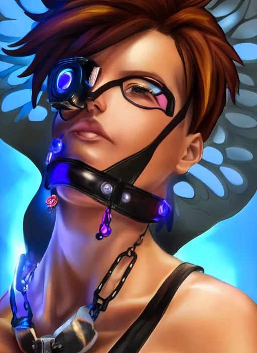 Image similar to portrait bust digital artwork of tracer overwatch, wearing black iridescent rainbow latex tank top, 4 k, expressive happy smug expression, makeup, in style of mark arian, angel wings, wearing detailed black leather collar, chains, black leather harness, detailed face and eyes,