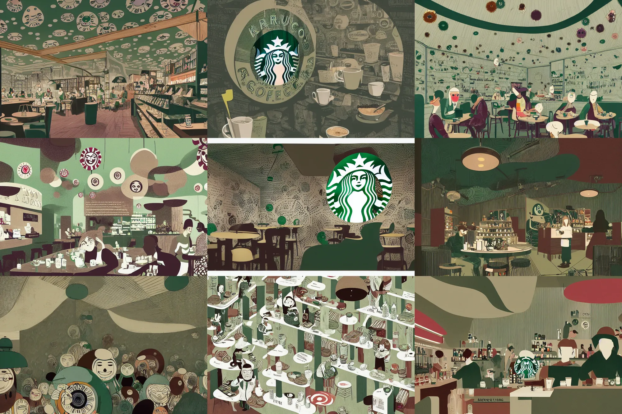 Prompt: editorial illustration by karolis strautniekas and mads berg, illustrated starbucks interior, low fog, fine texture, detailed, ( ( dark green, white, brown ) ), muted colors, dramatic lighting, dynamic composition, vivid, matte print, wide angle, ( ( sunbeams ) ), moody, colorful, takashi murakami