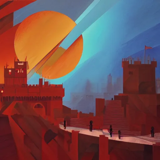 Prompt: a painting of a dreadful red sun over a castle with a waterfall in front of it. digital painting, vertical, intricate, beautiful, detailed, grunge, sharp focus, abstract art by el lissitzky and artgerm and kandinsky and kuvshinov, trending on artstation. gradient darker to bottom