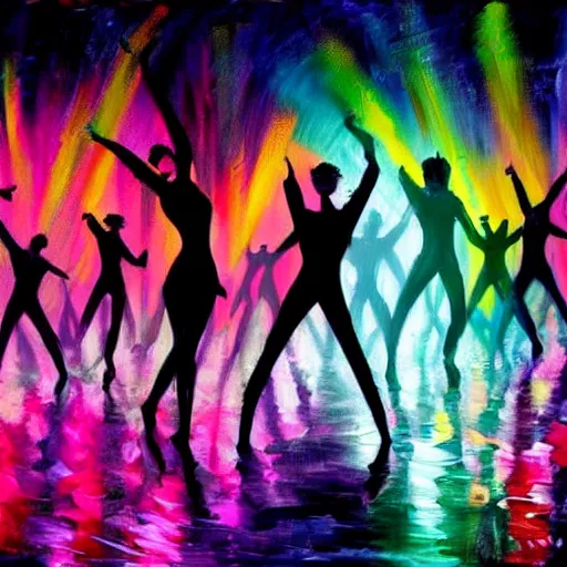 Image similar to dark dancing silhuettes in a dance club, colorful lights, dramatic lighting, a lot of energy, oil painting