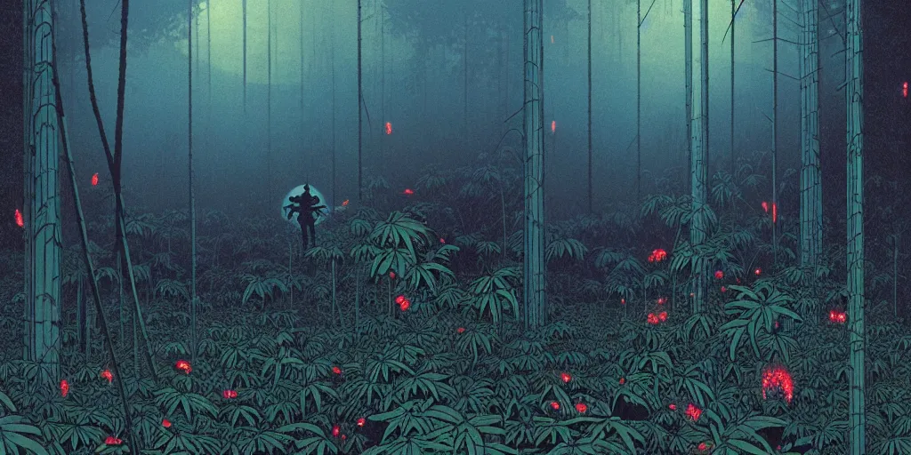 Prompt: grainy risograph matte painting, gigantic huge evangelion - like giant robot covered with wounds, black, a lot of exotic vegetation, trees, flowers, tall grass, pastel matte colors, staying in the foggy huge dark night forest covered with web and cotton and a lot of glow - worms, by moebius, hyperrealism, intricate detailed