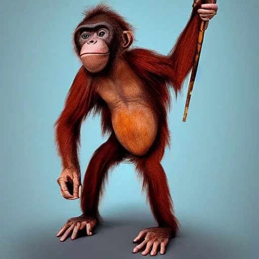 Prompt: “tall Goblin orangutan hybrid with mange holding a spear, jungle background” n-9