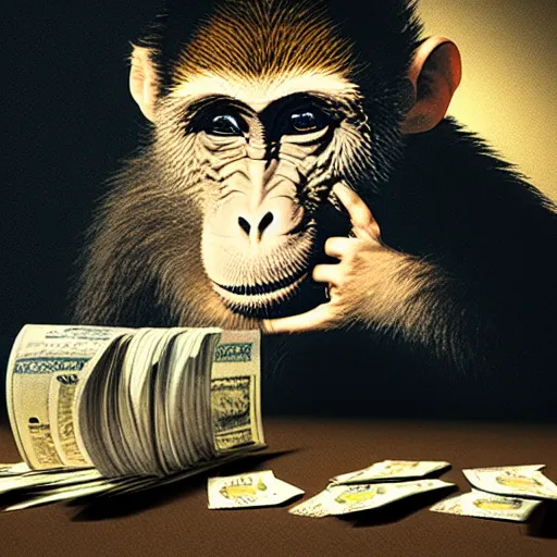 Image similar to monkey holding money, chromatic, crepuscular rays, dslr, caravaggio, ciane color, dof