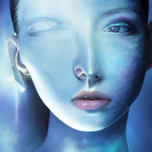 Image similar to sci - fi, close - up, 3 d, moon rays, night, sleepy fashion model face, cinematic, clouds, sun rays, vogue cover style, poster art, blue mood, realistic painting, intricate oil painting, high detail illustration, figurative art, multiple exposure, poster art, 3 d, by tooth wu and wlop and beeple and greg rutkowski