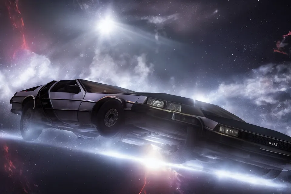 Image similar to ultra realistic delorean dmc 5 drifting on an ancient space highway in space, motion render, dark cinematic, volumetric, realistic, 3 d render, realistic render, cinematic lighting, volumetric lighting, atmospheric, cinematic, unreal engine 5, unreal engine render, octane render, hd, photorealism, hyper realistic, photo, 8 k