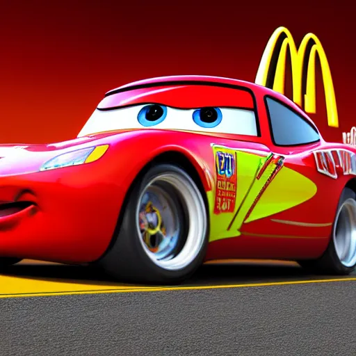 Prompt: photorealistic lightning mcqueen from cars at the mcdonalds drive through, award winning candid photography