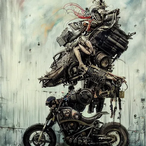 Image similar to mad max the road warrior by brendan mccarthywires cybernetic implants, steelpunk, abandoned steelworks, grime and grunge, in the style of adrian ghenie, esao andrews, jenny saville,, surrealism, dark art by james jean, takato yamamoto