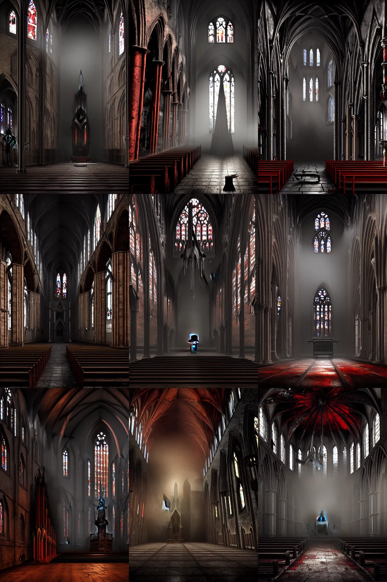 Prompt: a matte painting of a demon standing in the interior of a gothic church, digital painting, concept art, rusty metal walls, broken pipes, dark colors, muted colors, red colors, tense atmosphere, church cathedral, mist floats in the air, amazing value control, muted colors, moody colors, dramatic lighting, cinematic lighting, sharp focus