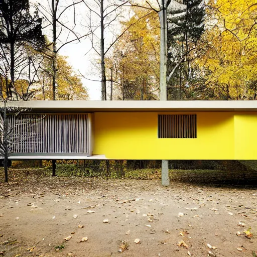 Image similar to architecture ad for a mid-century modern house in the middle of the wood designed by zaha hadid. grain, cinematic, colorized, yellow hue.