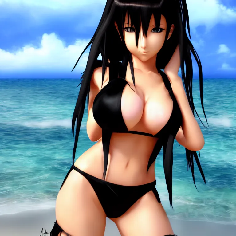 Image similar to tifa lockheart on a beach in an black bikini, realistic, model shot, anime style, anime eyes, dslr photo