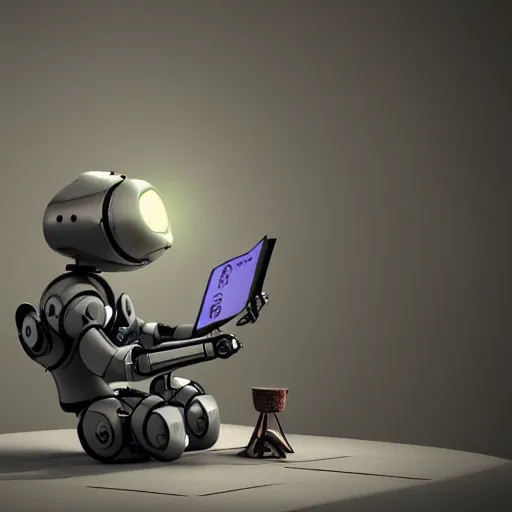 Prompt: a curious robot sitting, reading a book, octane render, 3D