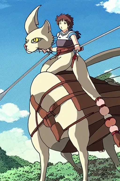 Image similar to female knight riding a weird giant cat, finely detailed features, by studio ghibli