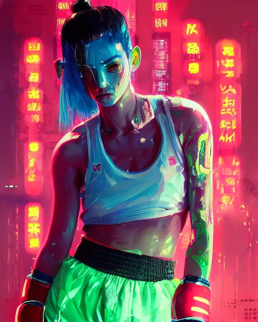 Image similar to detailed portrait Neon boxer Girl, cyberpunk futuristic neon, reflective crop top and shorts, boxing gloves, decorated with traditional Japanese ornaments by Ismail inceoglu dragan bibin hans thoma greg rutkowski Alexandros Pyromallis Nekro Rene Maritte Illustrated, Perfect face, fine details, realistic shaded, fine-face, pretty face