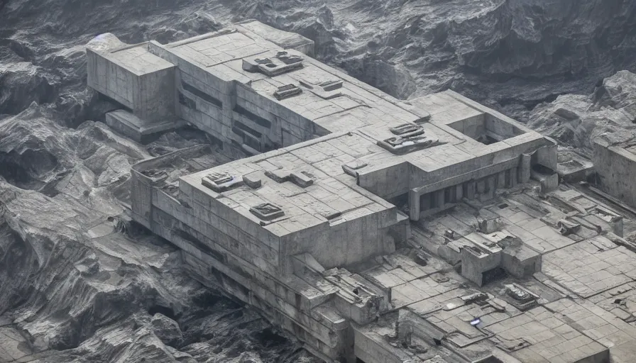 Image similar to big brutalist imperial military base on cliffs, drawing architecture, very long shot, top angle, imperial architecture in rogue one, pritzker architecture prize, brutalism architecture, jan urschel, greig fraser