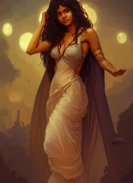 Image similar to cute brown woman wearing a transparent night gown, fantasy, intricate, highly detailed, digital painting, artstation, concept art, wallpaper, smooth, sharp focus, illustration, art by artgerm and greg rutkowski and alphonse mucha