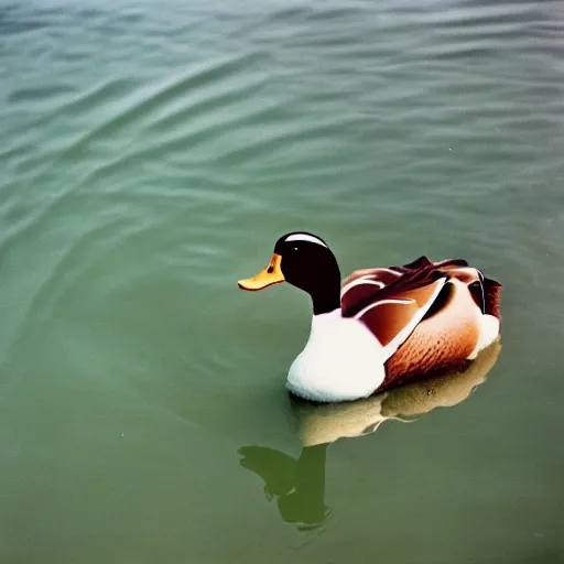 Prompt: A closeup film photography of a Duck, photo bySlim Aarons, award winning, 4K