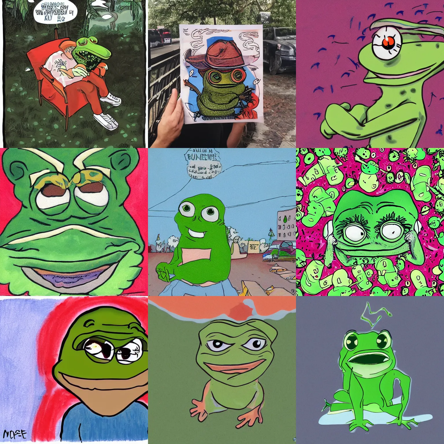 Image similar to pepe the frog under heatwave, drawn by Matt Furie