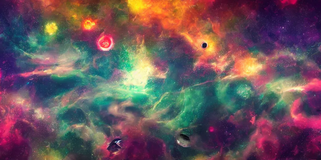 Prompt: painting of sea creatures swimming through space, sea turtles, sting rays whales, colorful nebulas, planets, 8 k resolution in the style of artem demura, jisu