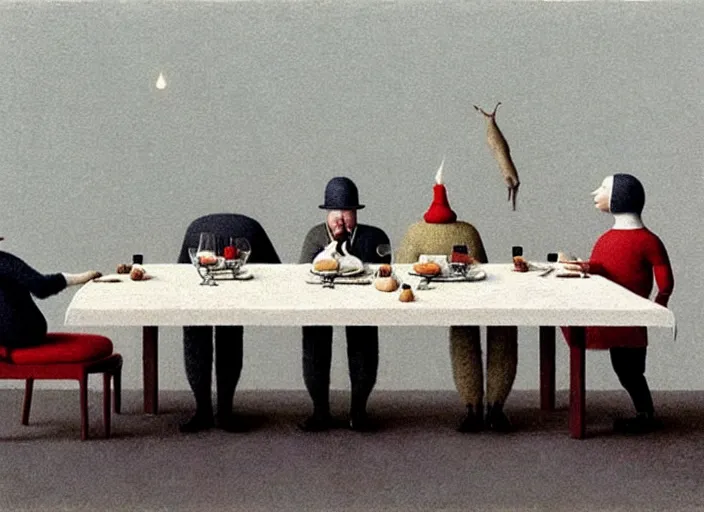 Prompt: a very boring dinner party, painting by quint buchholz and ray caesar, muted colors, gray, dull, boring, low energy, pale blue faces, very detailed