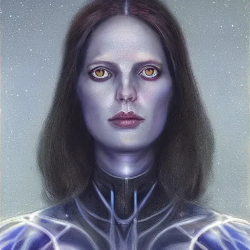 Image similar to pleiadian woman with big eyes and long silver hair wearing a dark body suit and holding a plasma gun as a realistic sci fi character, portrait art by donato giancola and greg rutkowski, digital art, trending on artstation, standing in a barren field