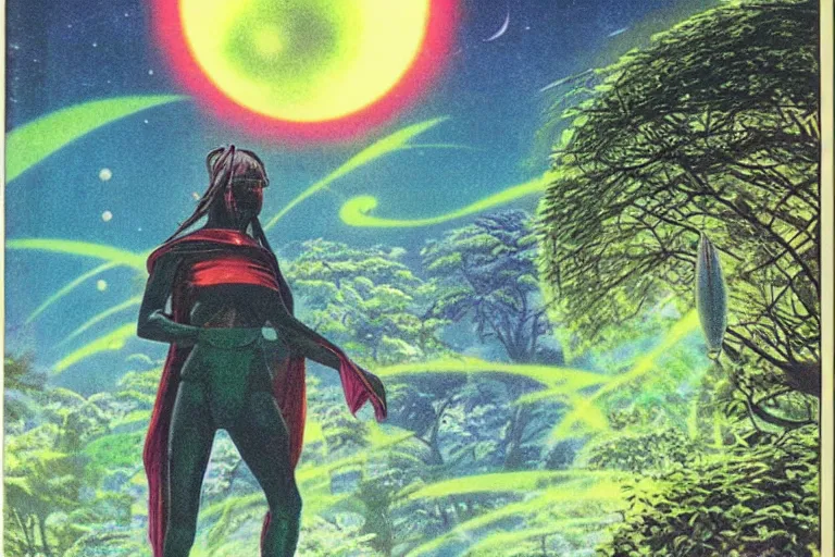 Image similar to 1 9 7 9 omni magazine cover of a nature druid elf at a garden park in neo - tokyo in the clouds of jupiter, in cyberpunk style, by vincent di fate