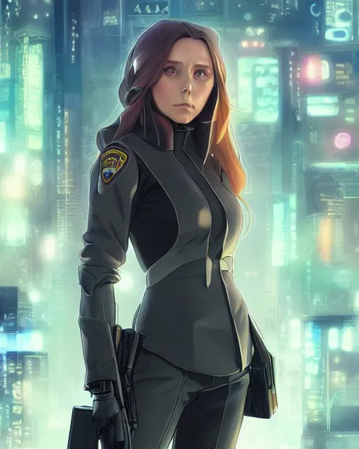 Prompt: anime key visual of elizabeth olsen police officer, cyberpunk, futuristic, stunning features, perfect face, high detailed, digital painting, artstation, smooth, soft focus, illustration, art by artgerm and greg rutkowski and alphonse mucha