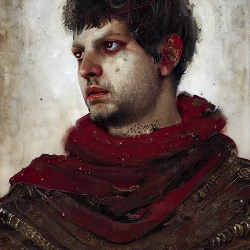 Image similar to detailed portrait of emperor nero, old roman style, non - reflective red cloak, decorated with traditional roman ornaments by ismail inceoglu dragan bibin hans thoma greg rutkowski alexandros pyromallis nekro rene maritte illustrated, perfect face, fine details, realistic shaded, fine - face, pretty face