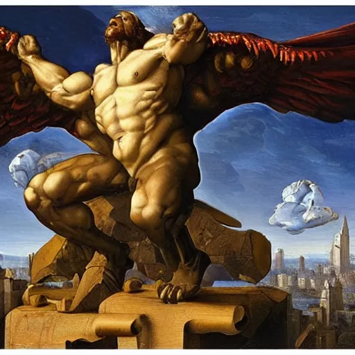 Image similar to an oil painting of a big, proud muscular Gargoyle, Renaissance painting, Renaissance Port City background, fangs, angel wings, 1450