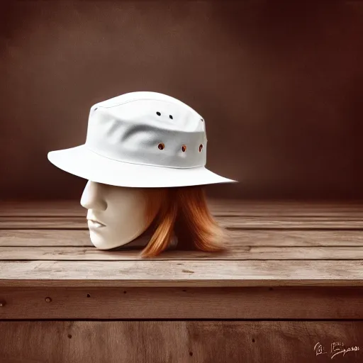 Prompt: just a white boonie hat in a wooden table, artstation, Fashion, Grim fantasy,emotional, EOS R5, f/2.5 , illustration , concept art, award winning photograph, 8k, Alphonse Mucha style, No Background, nobody