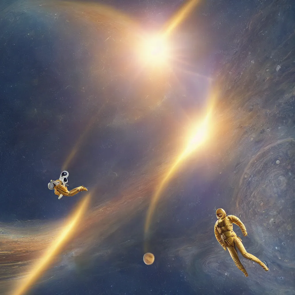 Prompt: “a woman flying from planet earth to planet Jupiter in an golden disk with a trail of golden light bending the reality behind her, highly detailed in 4K”