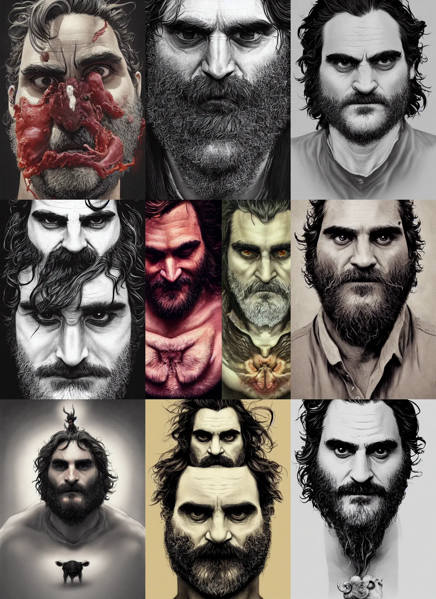 Prompt: a hyper detailed full face portrait of joaquin phoenix as the king of animals cow pig sheep chicken, horror, sideshow figurines, diablo 4 lilith, by yusuke murata, by hiroya oku, by dorian cleavenger, by tom bagshaw, by zdzisław beksinski, trending on artstation
