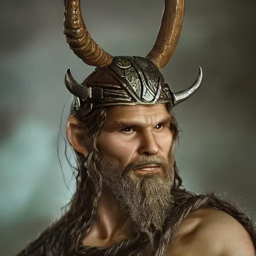 Image similar to of a viking from valhalla, wearing the horned helmet ultra fine detail, hair strands, ultra high resolution, fine texture detail, miniature painting techniques, perfect proportions, marvel cinematic universe, eric bana