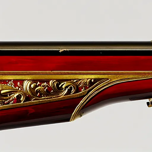 Image similar to a shotgun made from glossy red - painted wood and elements of gold metalwork, full - length photograph