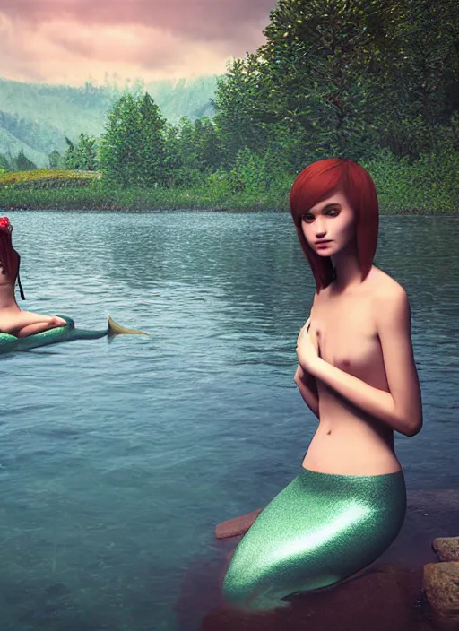 Prompt: slavic girl sitting near the lake ; mermaids in the water ; mystic dust ; unreal engine ; photorealistic