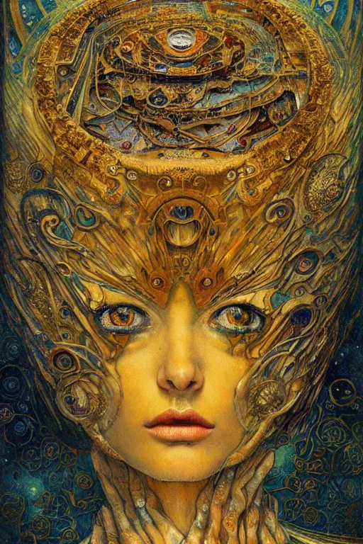 Image similar to Machinery of Fate by Karol Bak, Jean Deville, Gustav Klimt, and Vincent Van Gogh, enigma, otherworldly, fractal structures, prophecy, arcane, ornate gilded medieval icon, third eye, spirals