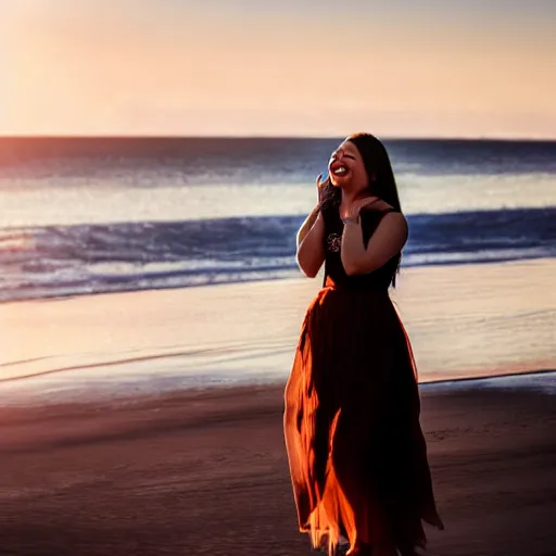 Prompt: beautiful hyperrealism hyperdetailed candid photograph of a cute young woman smiling widely and in happy disbelief because of a marriage proposal, flushed face, red blush, puffy lips, soft features, 8 k, sharp focus, golden hour, beach setting