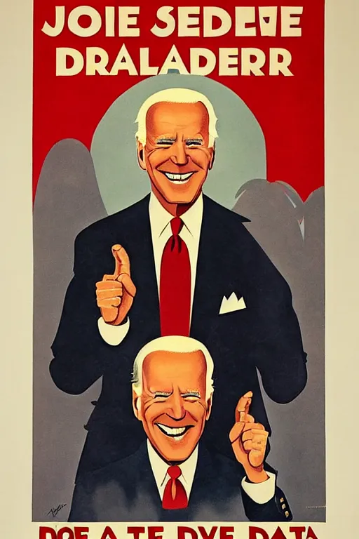 Image similar to joe biden!!!!! propaganda poster by miguel covarrubias! smile, creepy!, joe biden as satan!!! devil worshiper!!! ink print press, ww 2 poster,, iconic, masterpiece, ornate and detailed, propaganda, award winning