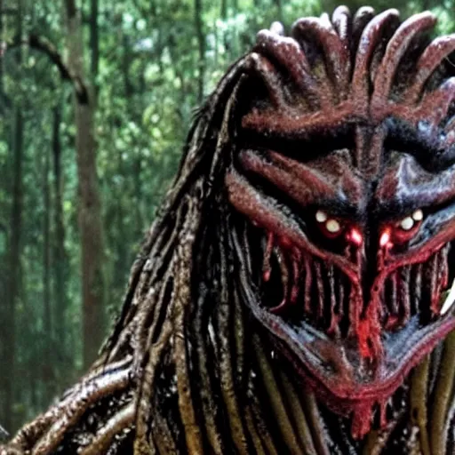 Prompt: forest gump replaced by a monster from the movie predator, still movie shot