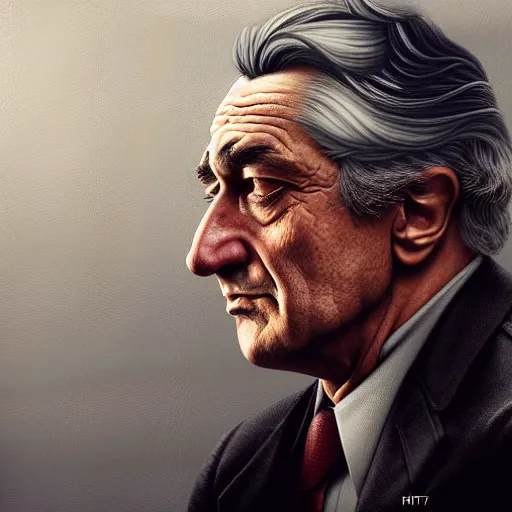 Image similar to realistic portrait of young robert de niro, trending on artstation, low angle oil painting and composition laws, cinematic lighting, hyperdetailed, cgsociety, 8 k