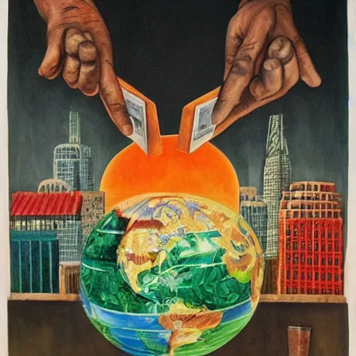 Image similar to symbolic painting of capitalism placing billions into poverty