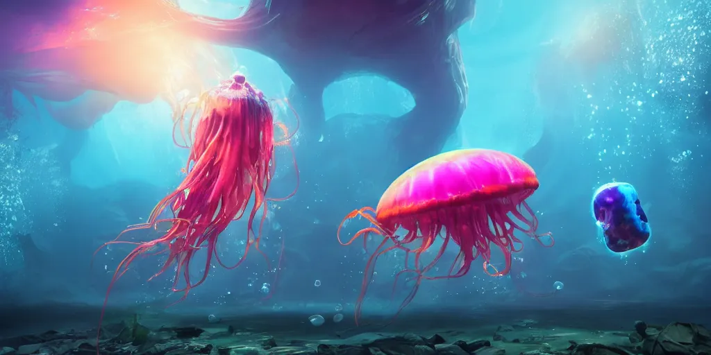 Image similar to underwater enviroment with a giant Rainbow Jellyfish.boss creature , unreal 5, hyperrealistic, realistic, photorealistic, dynamic lighting, highly detailed, cinematic landscape, studio landscape, studio lighting