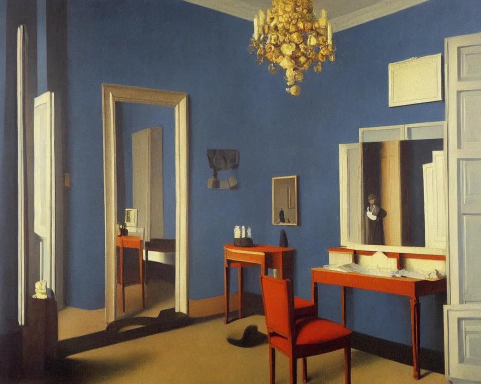 Prompt: achingly beautiful painting of a sophisticated, well - decorated, modern dressing room by rene magritte, monet, and turner.