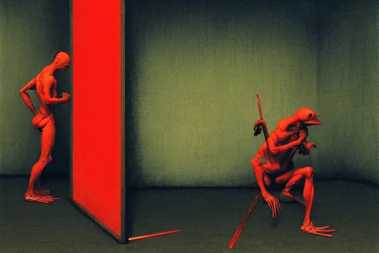 Image similar to only with red, a red samurai do seppuku, tokio, a lot of frogs watch, in the style of beksinski, parts by edward hopper, parts by rodcenko, parts by yue minjun, intricate and epic composition, red by caravaggio, insanely quality, highly detailed, masterpiece, red light, artstation, 4 k