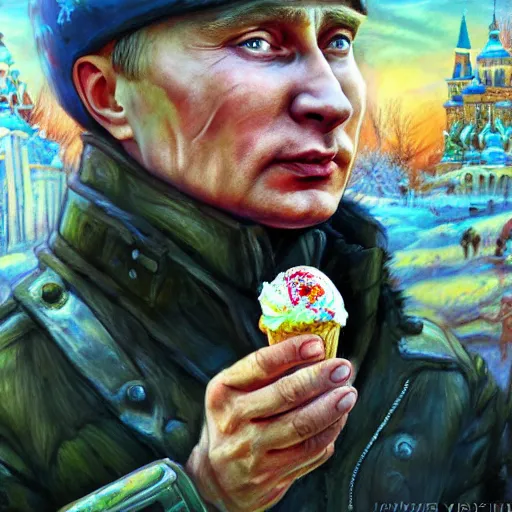 Image similar to portrait of ( ( ( vladimir putin ) ) ) inapocalyptic russia with icecream, hyperrealistic, digital concept art, sharp focus, 3 5 mm film, caricature illustration, art by magic realism, art by josephine wall, art by huang guangjian, art by viktoria gavrilenko, art by amanda sage, trending on artstation