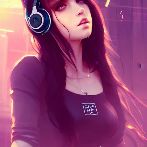 Image similar to beautiful full portrait of a girl, brunette curvy long hair, full - body shot, wearing cyberpunk headphones, streetwear, like a fashion model + high detailed, resolution beautifully detailed landscape trending on artstation 8 k, cinematic, epic detailed trending on artstation 8 k, by bukurote + krenz cushart + ryota - h + wlop