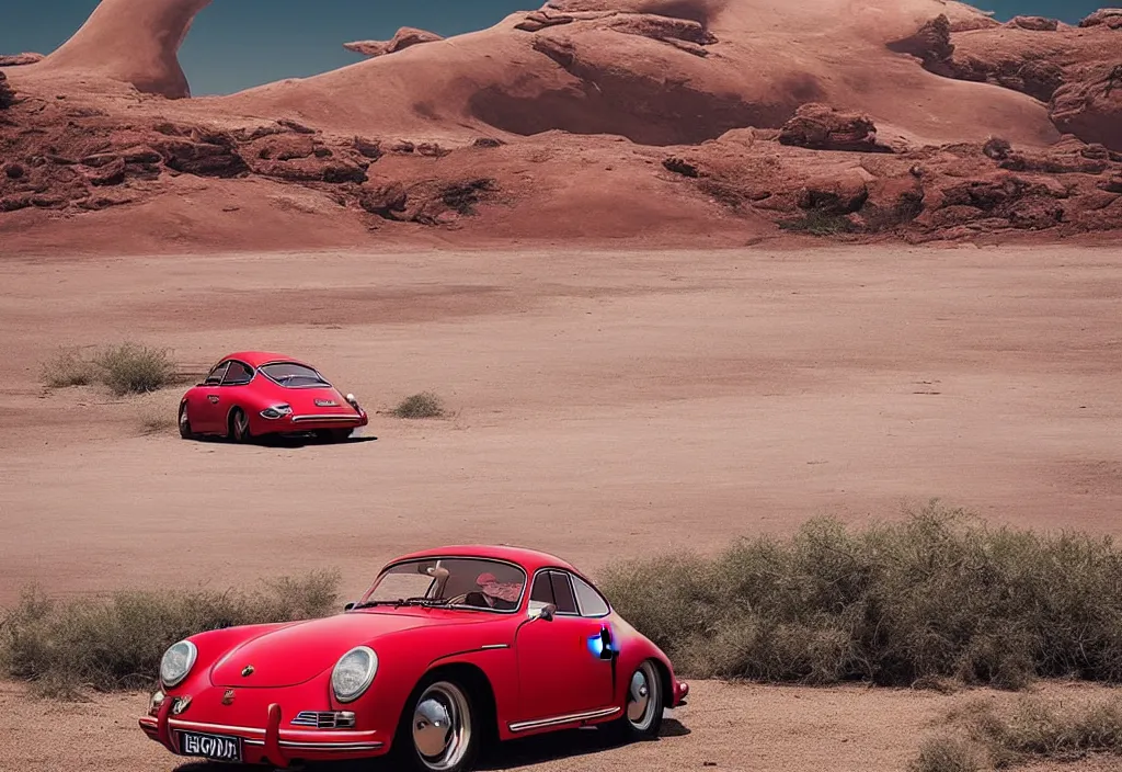 Image similar to “a red porsche 356 is parked in the middle of the desert, a matte painting by Scarlett Hooft Graafland, featured on unsplash, australian tonalism, anamorphic lens flare, cinematic lighting, rendered in unreal engine”