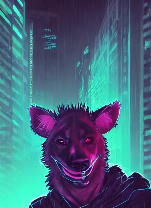 Image similar to beautiful portrait commission of a male furry anthro hyena fursona wearing skater clothes. Cyberpunk city at night in the rain. Neon light. Atmospheric. Character design by charlie bowater, ross tran, artgerm, and makoto shinkai, detailed, inked, western comic book art